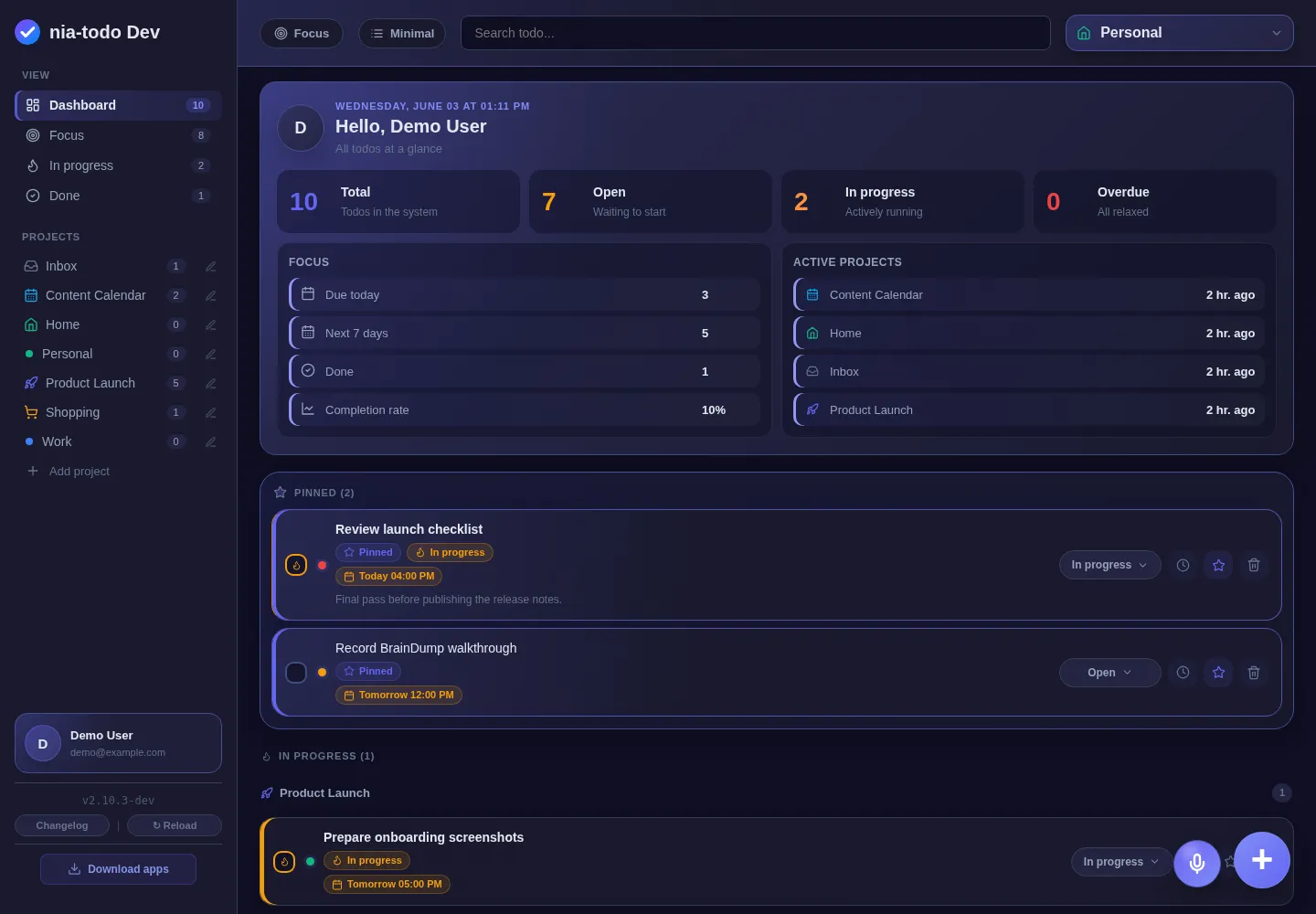 nia-todo Übersicht im Dark Mode